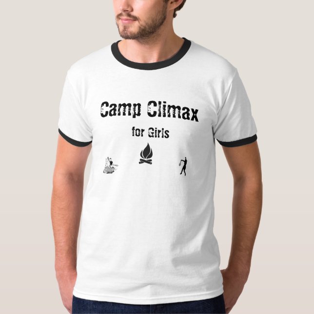 campfire, tennis, canoe-1, Camp Climax, for Girls T-Shirt (Front)