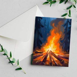 Campfire Watercolor Forest Painting Card