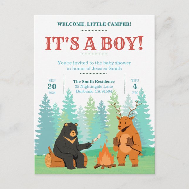 Camping Adventure Awaits Baby Shower Invitation Postcard (Front)