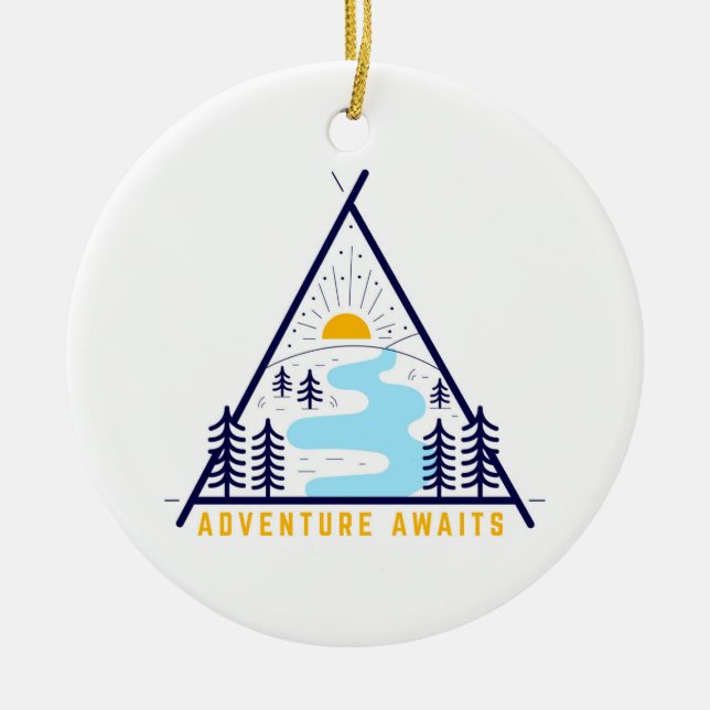 Camping adventure awaits ceramic tree decoration (Front)