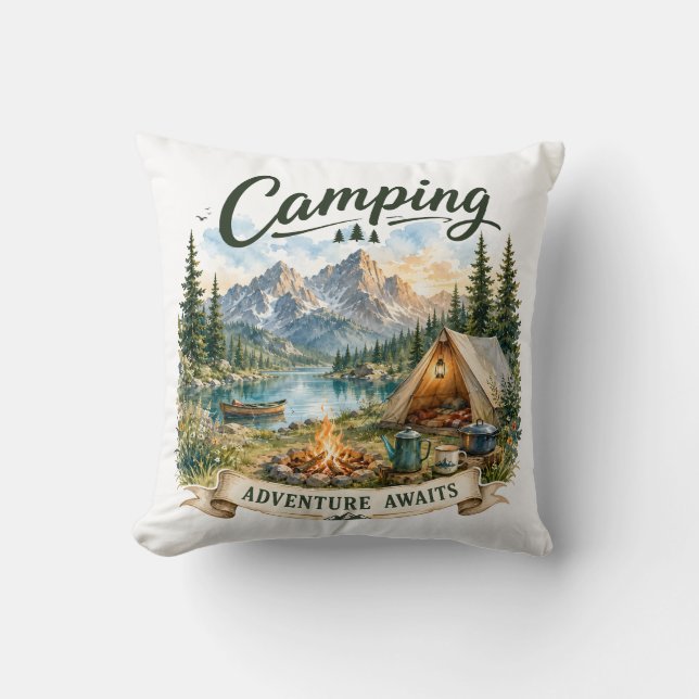 Camping Adventure Awaits Mountain Lake Wilderness  Cushion (Front)