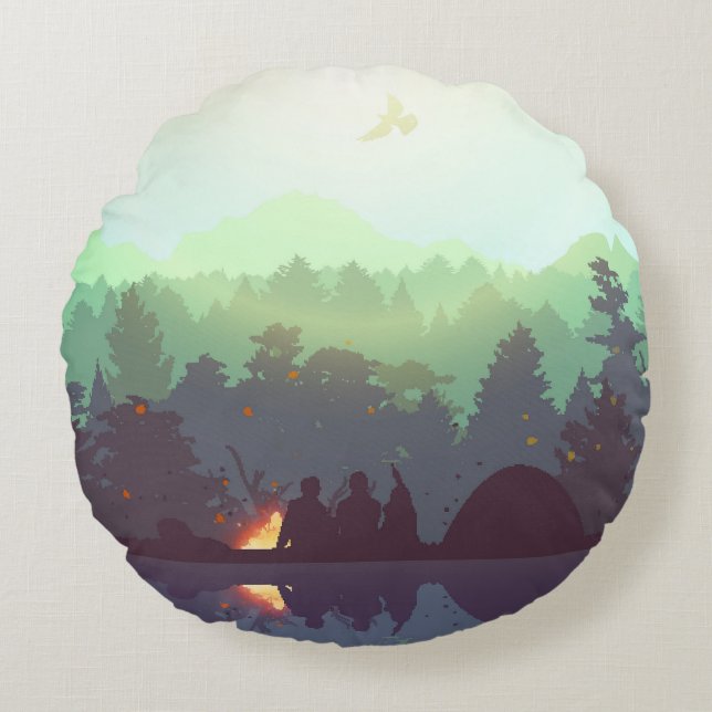 Camping Adventure Forest Mountain Illustration Round Cushion (Front)
