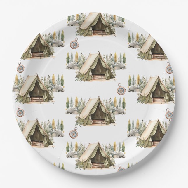 Camping Adventure Kids Birthday Party Pattern Paper Plate (Front)