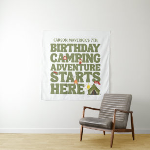 Camping Adventure Starts Here Kids Birthday Tapestry