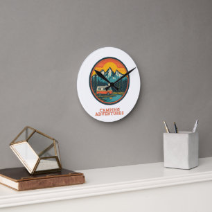 Camping Adventures Vintage Van Mountain Retro Desi Round Clock