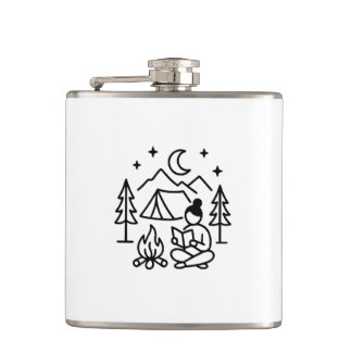 Camping and Reading Line Art Hip Flask
