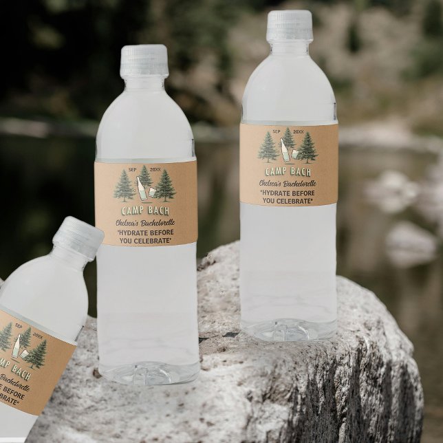 Camping Bachelorette Personalised Kraft Tan Rustic Water Bottle Label (Creator Uploaded)