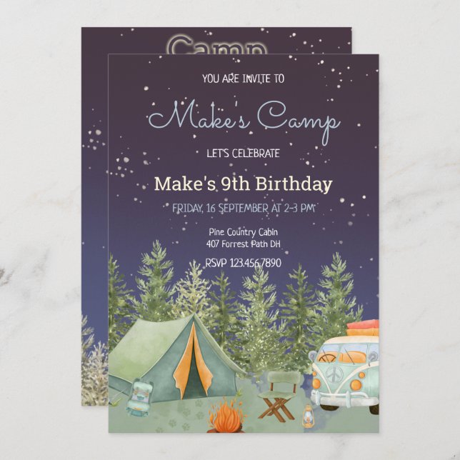 Camping Backpack Boy Birthday Invitation (Front/Back)