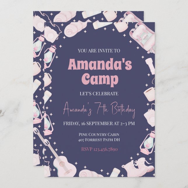 Camping Backpack Girl Birthday Invitation (Front/Back)