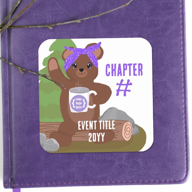Camping Bear, Purple Bandanna Girls Youth Club Square Sticker (teddy bear scout camping camp cabin purple logo girls troop club sticker party favor branded label)