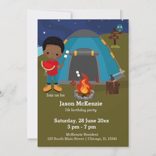 Camping birthday boy invitation (Front)