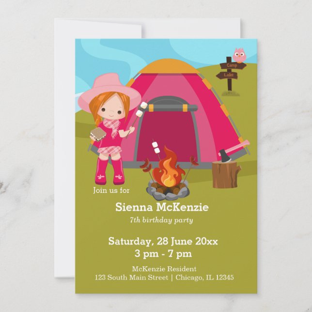 Camping birthday girl invitation (Front)