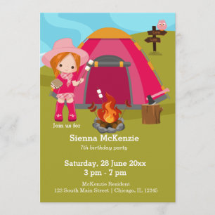 Camping birthday girl invitation