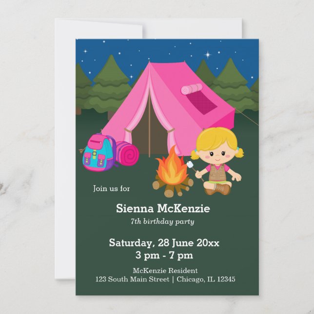 Camping birthday girl invitation (Front)