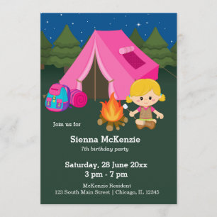Camping birthday girl invitation