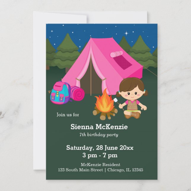 Camping birthday girl invitation (Front)