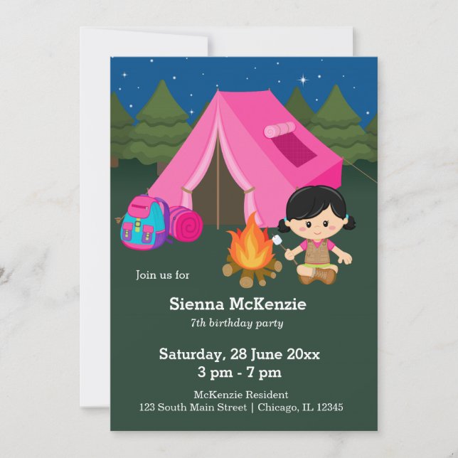 Camping birthday girl invitation (Front)