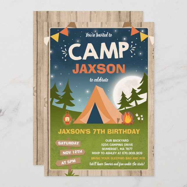 Camping Birthday Invitation Camp Out Party (Front/Back)