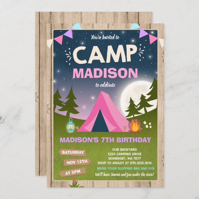 Camping Birthday Invitation Camp Out Party (Front/Back)