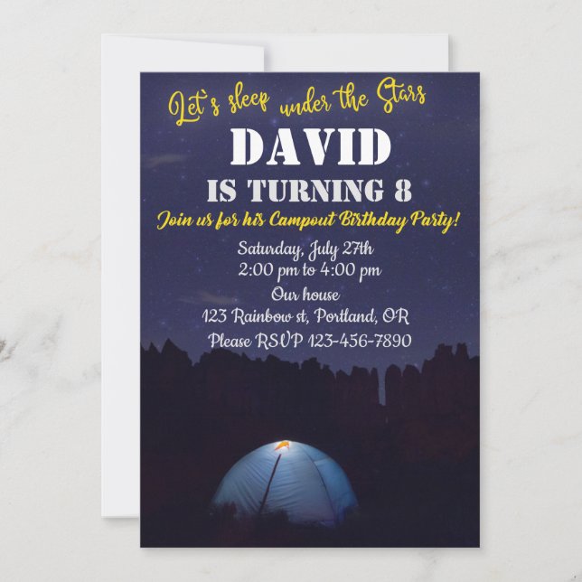 Camping birthday invitation Camp out party invite (Front)