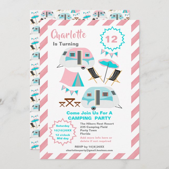 Camping Birthday Party Cute Retro Style  Invitation (Front/Back)