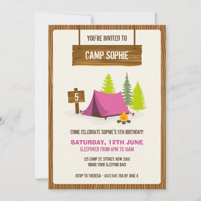 Camping Birthday Party Invitation - GIRL (Front)