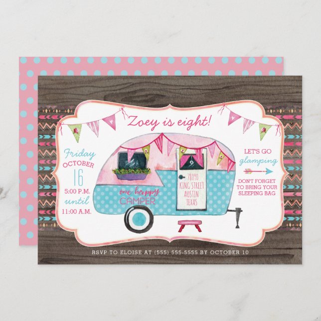 Camping Birthday Party Invitation - Girl Glamping (Front/Back)
