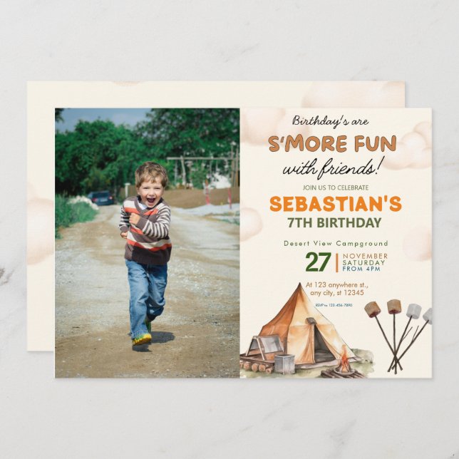 Camping Birthday Party modern kids Photo Invitation (Front/Back)