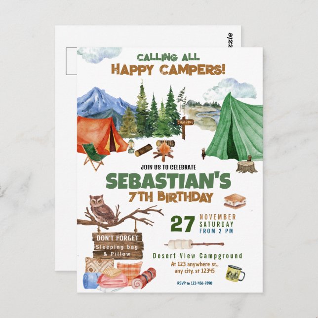 Camping Birthday Party modern kids Postcard (Front/Back)