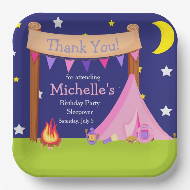 Camping Birthday Party Sleepover pink and purple Paper Plate (Front)