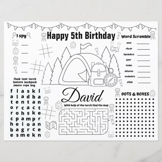 Camping birthday Placemats, Camping activity sheet (Front)