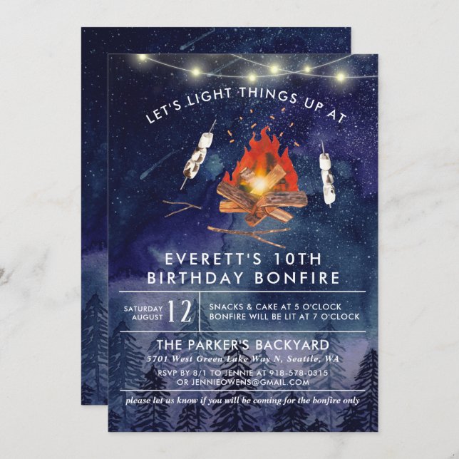Camping Bonfire Birthday Party Invitation (Front/Back)
