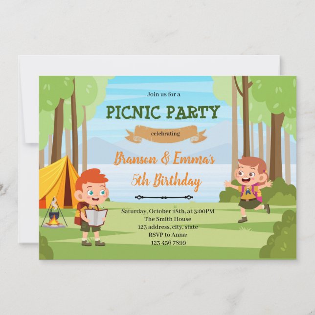 Camping boy girl joint party invitation (Front)