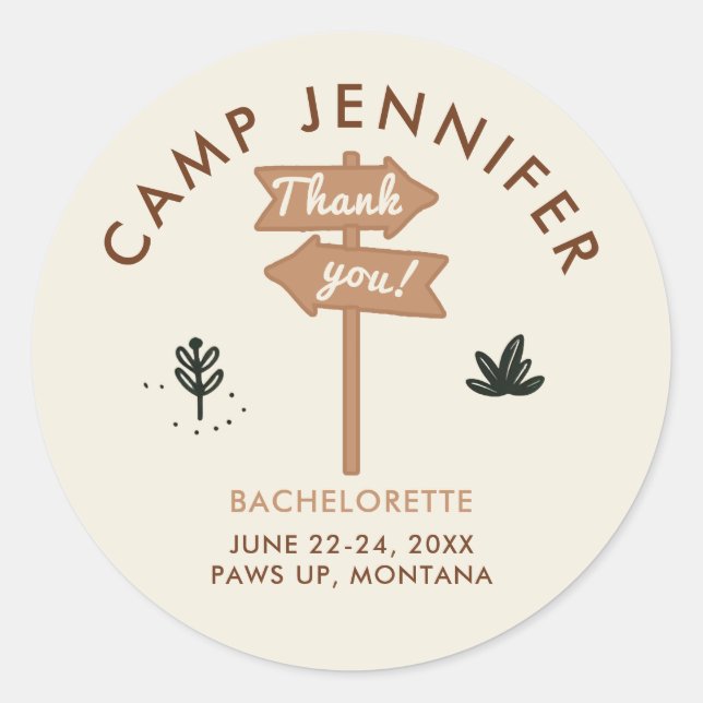 Camping Camp Earthy Bachelorette Party Thank You Classic Round Sticker (Front)