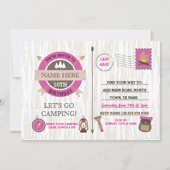 CAMPING Camp Out BIRTHDAY PARTY pink girls invite (Front)