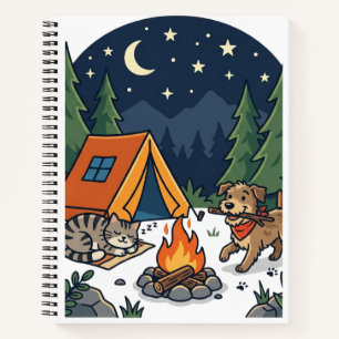 Camping Cat & Dog   Cute Campfire Night Sky  Notebook