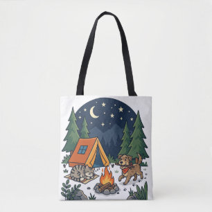 Camping Cat & Dog Cute Campfire Night Sky Tote Bag