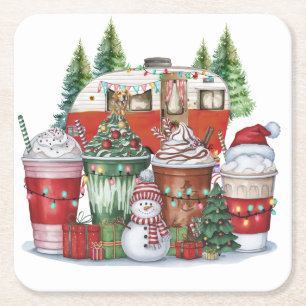 Camping Christmas Drink for Camper Square Paper Coaster