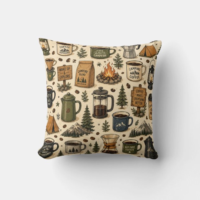 Camping Coffee Vintage Seamless Pattern Cushion (Front)
