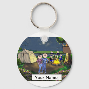 Camping Couple, Four Children Cartoon Key Ring