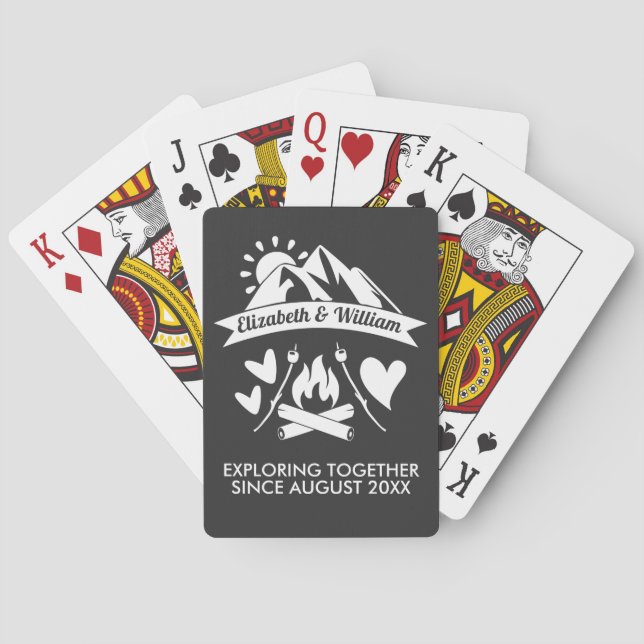 Camping couple mountain bonfire exploring together playing cards (Back)