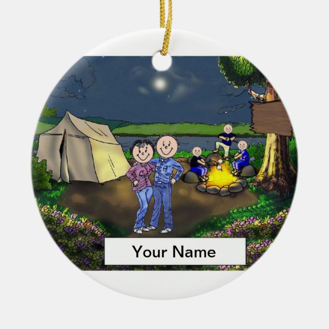 Camping Couple, Three Children Ceramic Tree Decoration (Front)