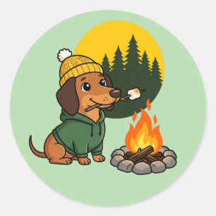 Camping Dachshund Roasting Marshmallow Classic Round Sticker