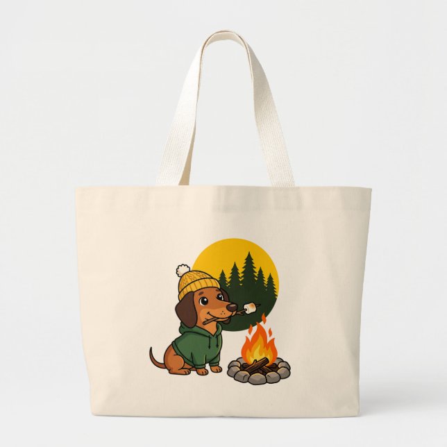 Camping Dachshund Roasting Marshmallow Large Tote Bag (Front)