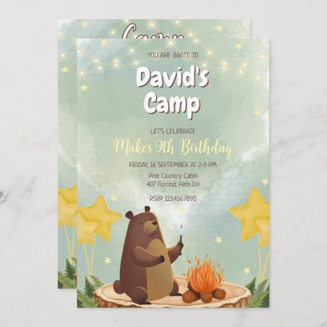 Camping Forest Bear Boy Birthday Invitation (Front/Back)