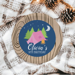 Camping girl Birthday party plates wood background