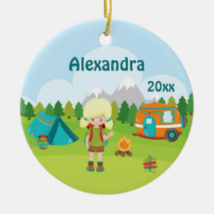 Camping Girl Fire Camper Tent Backpack Blonde Ceramic Tree Decoration