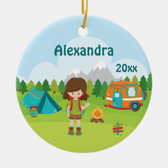 Camping Girl Fire Camper Tent Backpack Brown Ceramic Tree Decoration (Front)