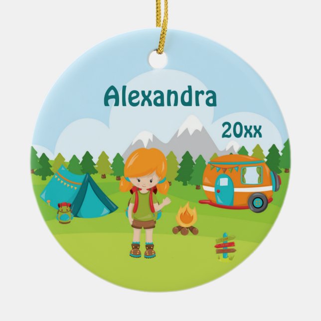 Camping Girl Fire Camper Tent Backpack Red Ceramic Tree Decoration (Front)