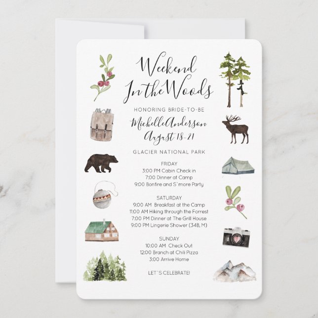 Camping Glamping Bachelorette Weekend Itinerary  I Invitation (Front)